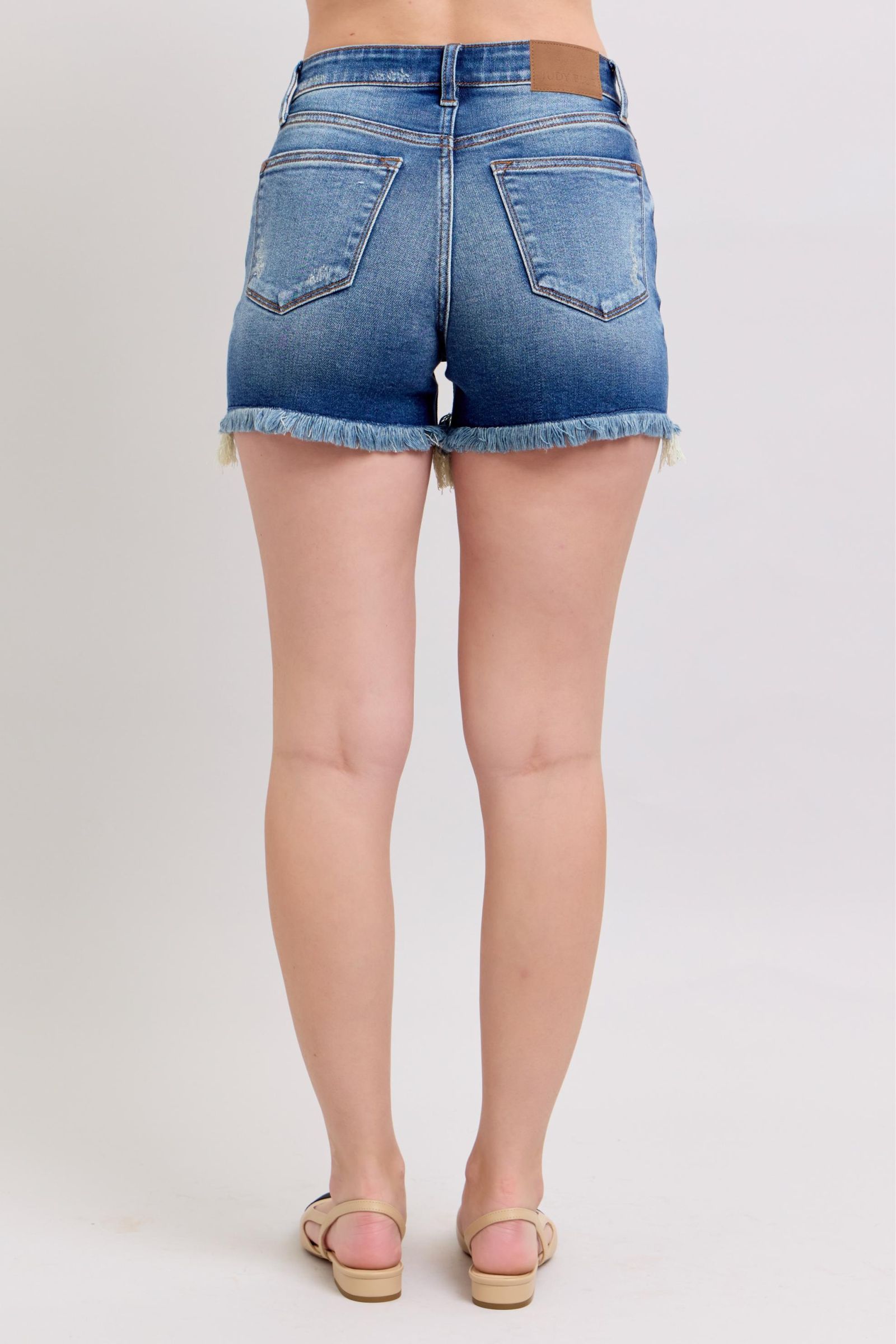 Judy Blue Mid Rise 2-Button Destroyed Dad Shorts